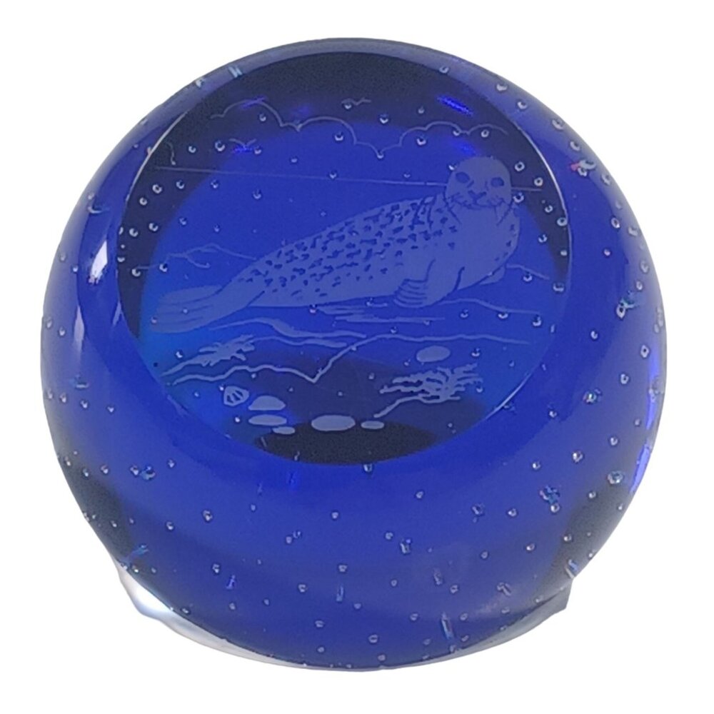 Vintage Caithness Seal Cobalt Blue Clear Controlled Bubble Art Glass Paperweight - Picture 6 of 14